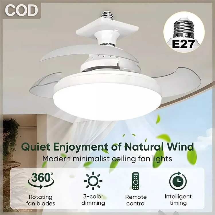 Remote / APP Control E27 Base 3 Speeds Hidden Blade Fan Light 48W Dimmable Household Ceiling Lamp