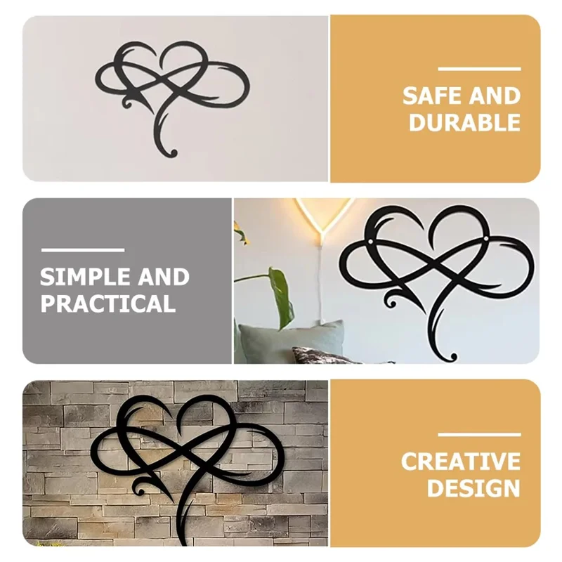 40 x 35cm Metal Heart Wall Art Hanging Decor Infinite Love Sign Plaque Bedroom Ornament - Black