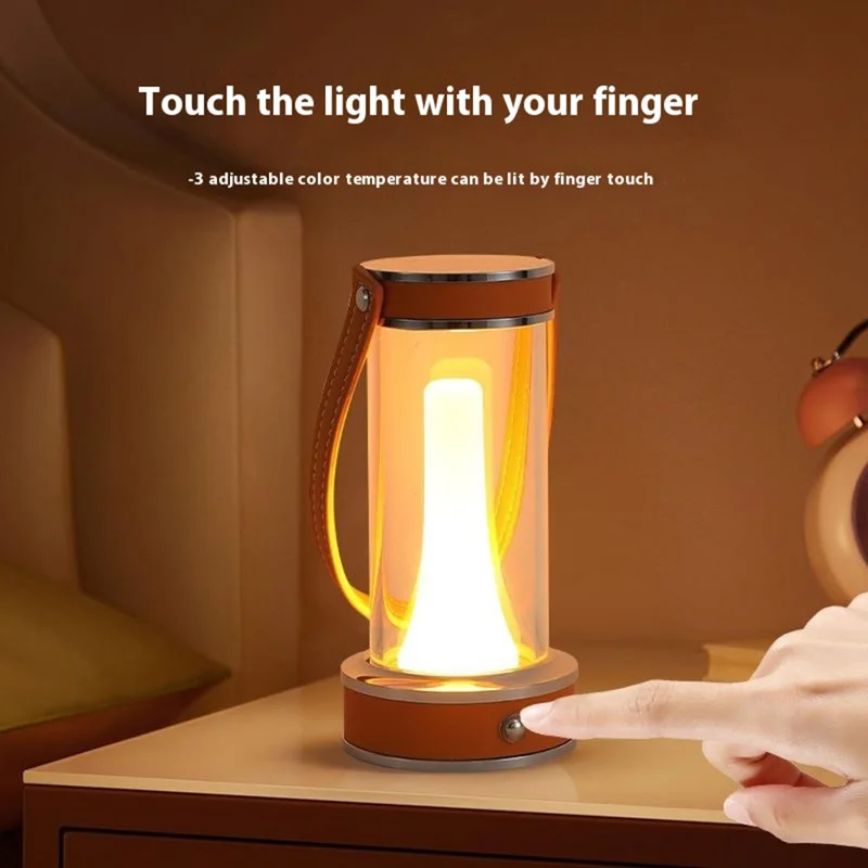 Rechargeable Camping Atmosphere Night Light Creative Leather Handle Touch Bedside Table Light - Orange
