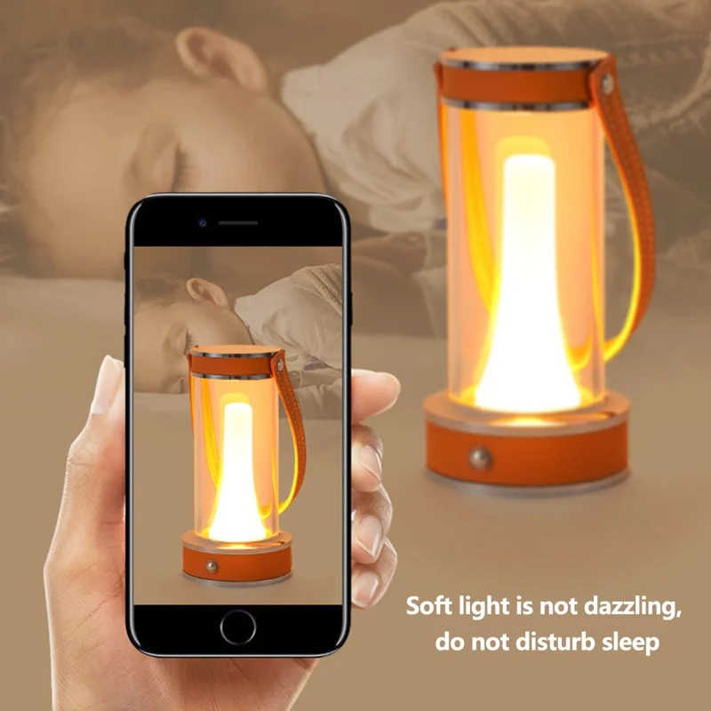Rechargeable Camping Atmosphere Night Light Creative Leather Handle Touch Bedside Table Light - Orange