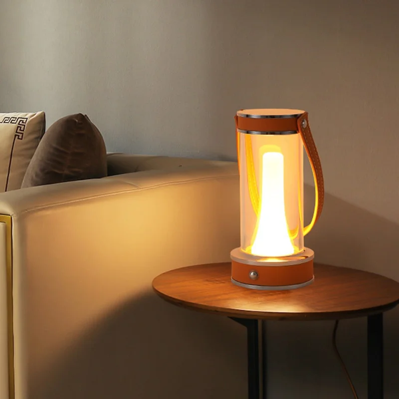 Rechargeable Camping Atmosphere Night Light Creative Leather Handle Touch Bedside Table Light - Orange