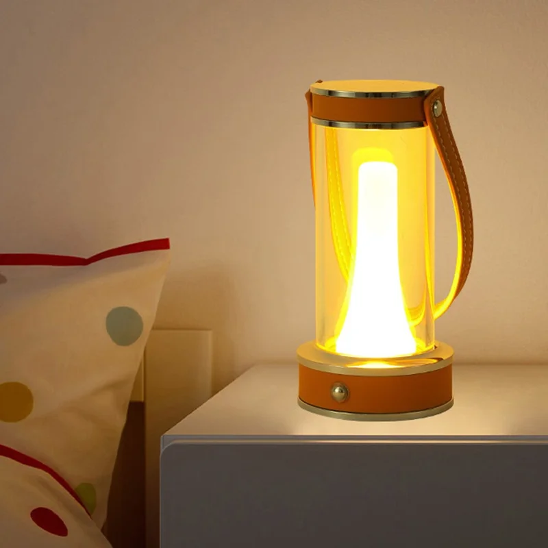 Rechargeable Camping Atmosphere Night Light Creative Leather Handle Touch Bedside Table Light - Orange