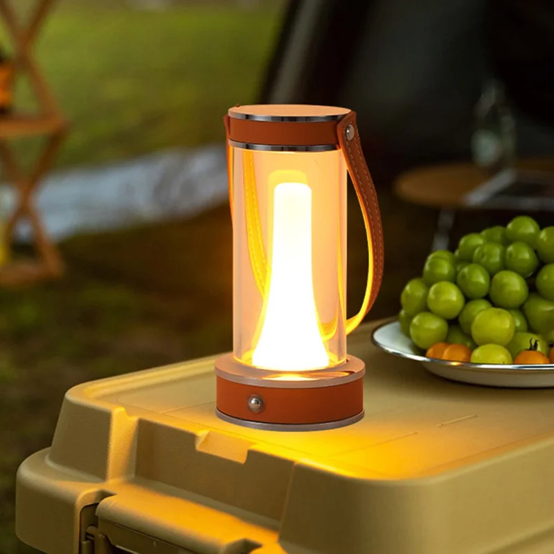 Rechargeable Camping Atmosphere Night Light Creative Leather Handle Touch Bedside Table Light - Orange