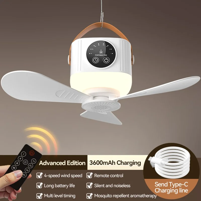 D01 Outdoor Portable Ceiling Fan Remote Control 3 Gears Hanging Camping Light with 3600mAh Battery - White