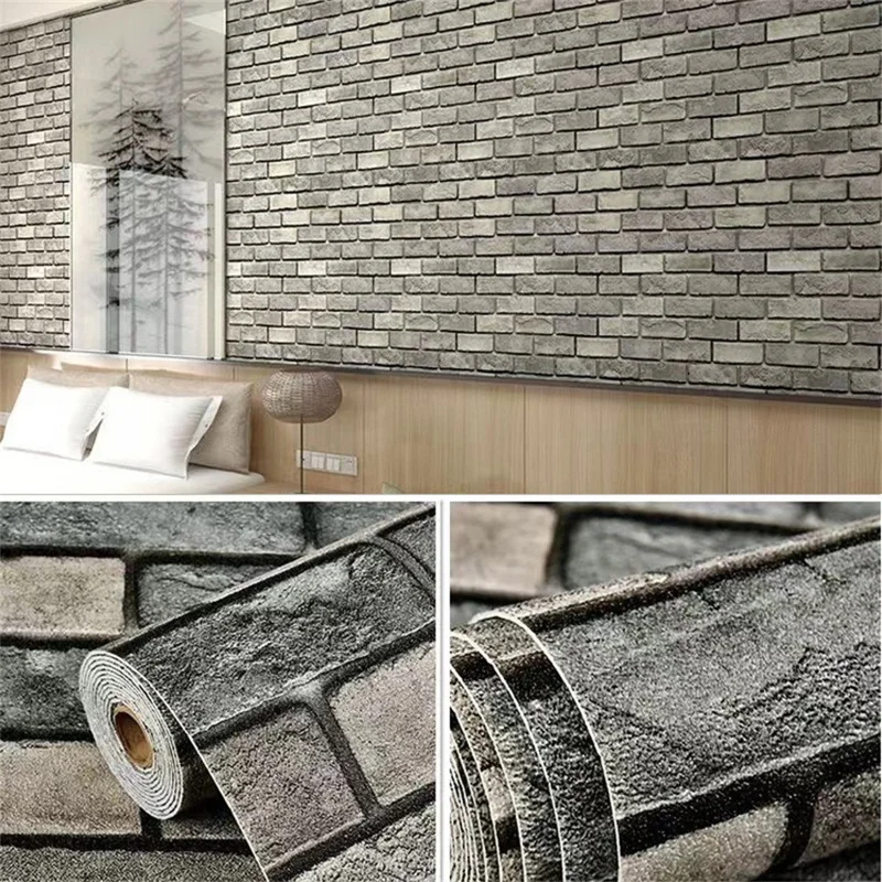 50cm Width Vintage 3D Brick Pattern Self Adhesive Wallpaper Waterproof Living Room Wall Sticker, Length: 10m - Grey Brick