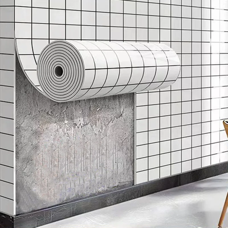 60cm Width Grid Pattern Tile Effect Self Adhesive Wallpaper Moisture Proof Wall Sticker, Length: 10m - Medium Grid
