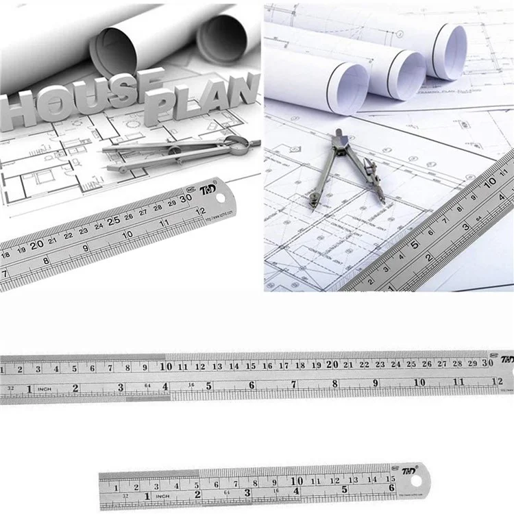 Conjunto de Réguas Retas de Aço Inoxidável THD de 12 Polegadas + 6 Polegadas para Engenharia, Escola, Escritório e Medição de Precisão