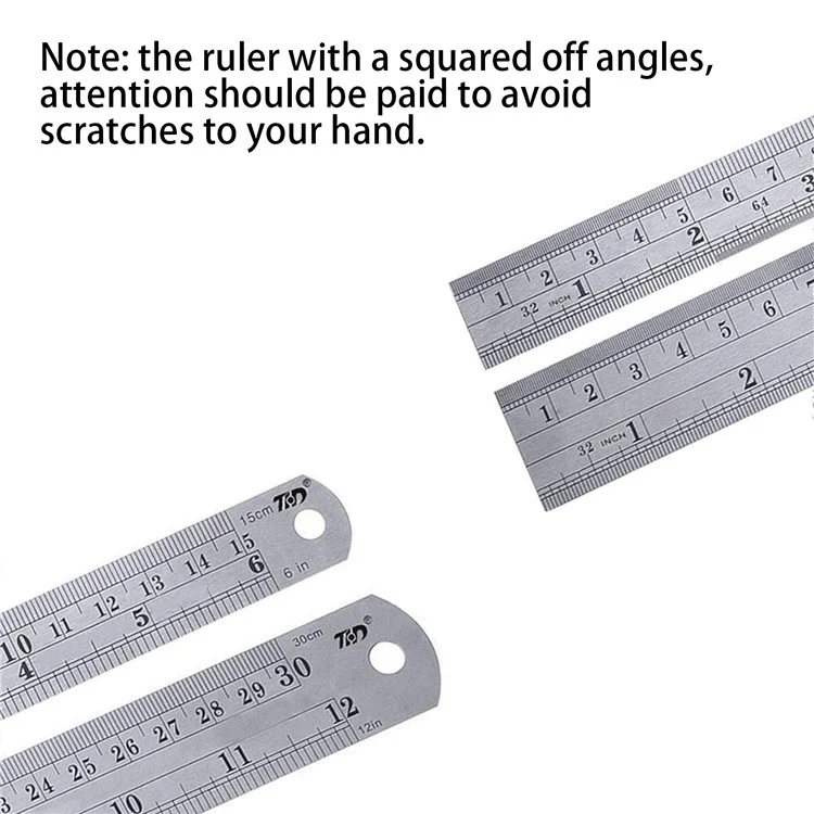 Conjunto de Réguas Retas de Aço Inoxidável THD de 12 Polegadas + 6 Polegadas para Engenharia, Escola, Escritório e Medição de Precisão