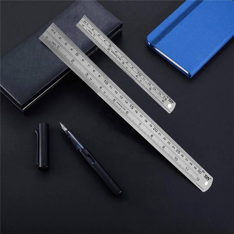 Conjunto de Réguas Retas de Aço Inoxidável THD de 12 Polegadas + 6 Polegadas para Engenharia, Escola, Escritório e Medição de Precisão