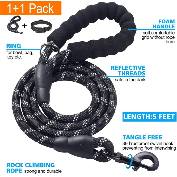 Collier pour chien en nylon réfléchissant rembourré, ajustable, avec laisse de 1,5 m pour la marche et l'entraînement, Taille S - Noir