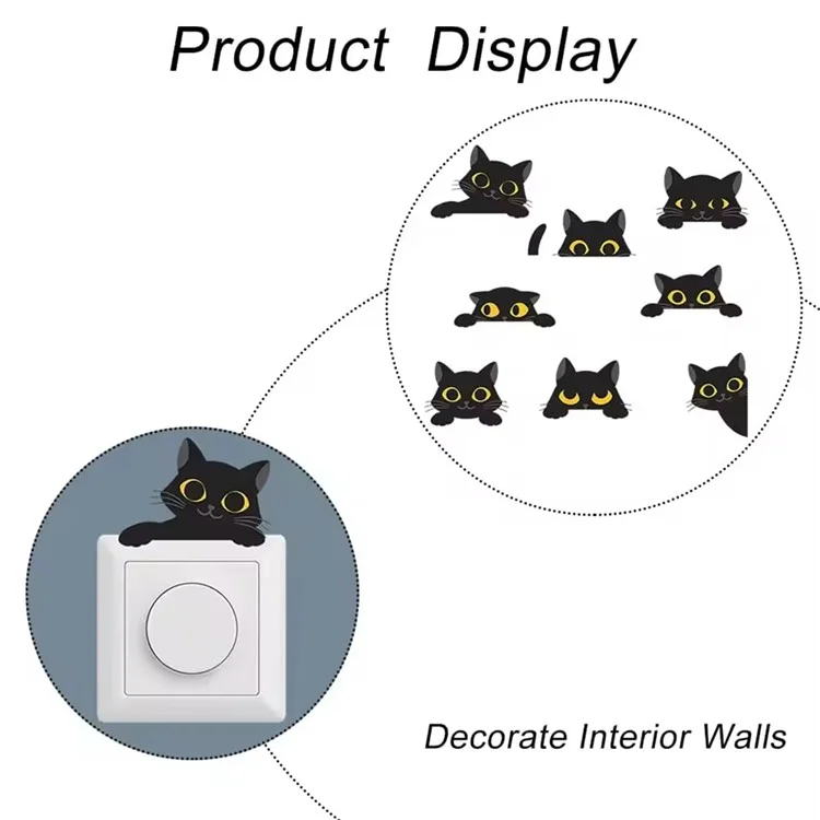 Sticker interrupteur PVC Motif chat noir Autocollant mural amovible Décoration d'intérieur pour chambre à coucher Salon