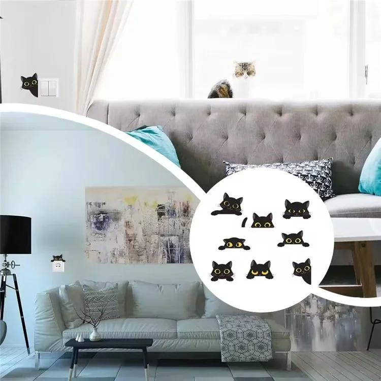 Sticker interrupteur PVC Motif chat noir Autocollant mural amovible Décoration d'intérieur pour chambre à coucher Salon