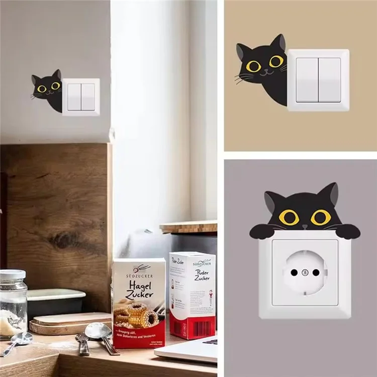 Sticker interrupteur PVC Motif chat noir Autocollant mural amovible Décoration d'intérieur pour chambre à coucher Salon