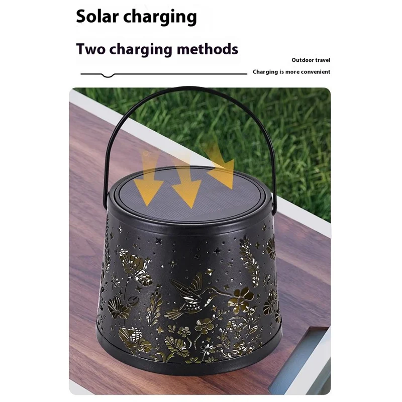 Lampe décorative solaire d'extérieur en forme de bouteille de vin avec motif d'oiseau et de fleur ajouré, créant une atmosphère suspendue