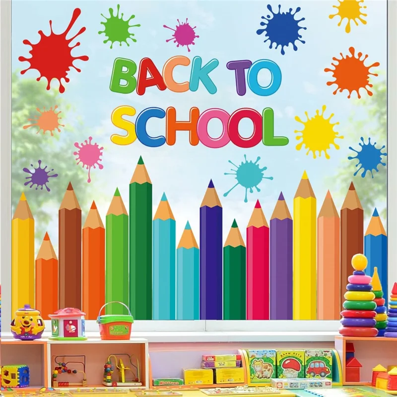 KXJ23003 9 Peças de Adesivos de Janela com Design de Lápis, Autocolantes Coloridos Dupla Face para Volta às Aulas, Decorações para Sala de Aula