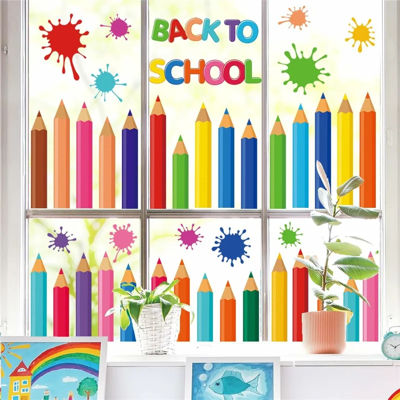 KXJ23003 9 Peças de Adesivos de Janela com Design de Lápis, Autocolantes Coloridos Dupla Face para Volta às Aulas, Decorações para Sala de Aula
