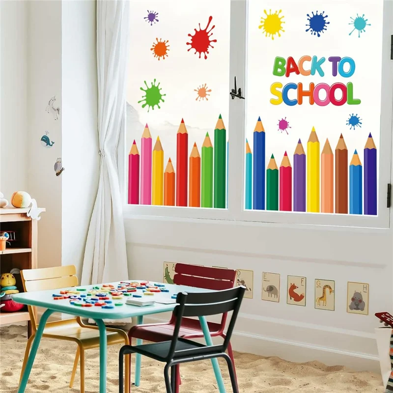 KXJ23003 9 Peças de Adesivos de Janela com Design de Lápis, Autocolantes Coloridos Dupla Face para Volta às Aulas, Decorações para Sala de Aula