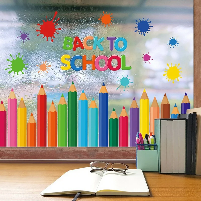 KXJ23003 9 Peças de Adesivos de Janela com Design de Lápis, Autocolantes Coloridos Dupla Face para Volta às Aulas, Decorações para Sala de Aula