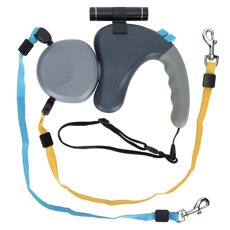 360 Degree Rotating Retractable Dog Leash Dual Head Walking Lead with LED Light for 2 Dogs - Grey