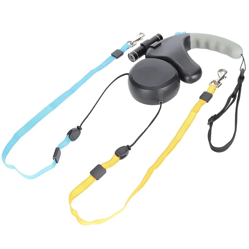 360 Degree Rotating Retractable Dog Leash Dual Head Walking Lead with LED Light for 2 Dogs - Grey