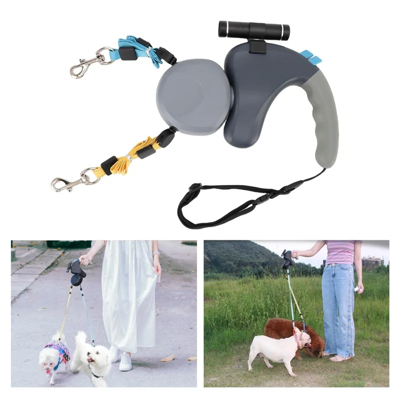 360 Degree Rotating Retractable Dog Leash Dual Head Walking Lead with LED Light for 2 Dogs - Grey