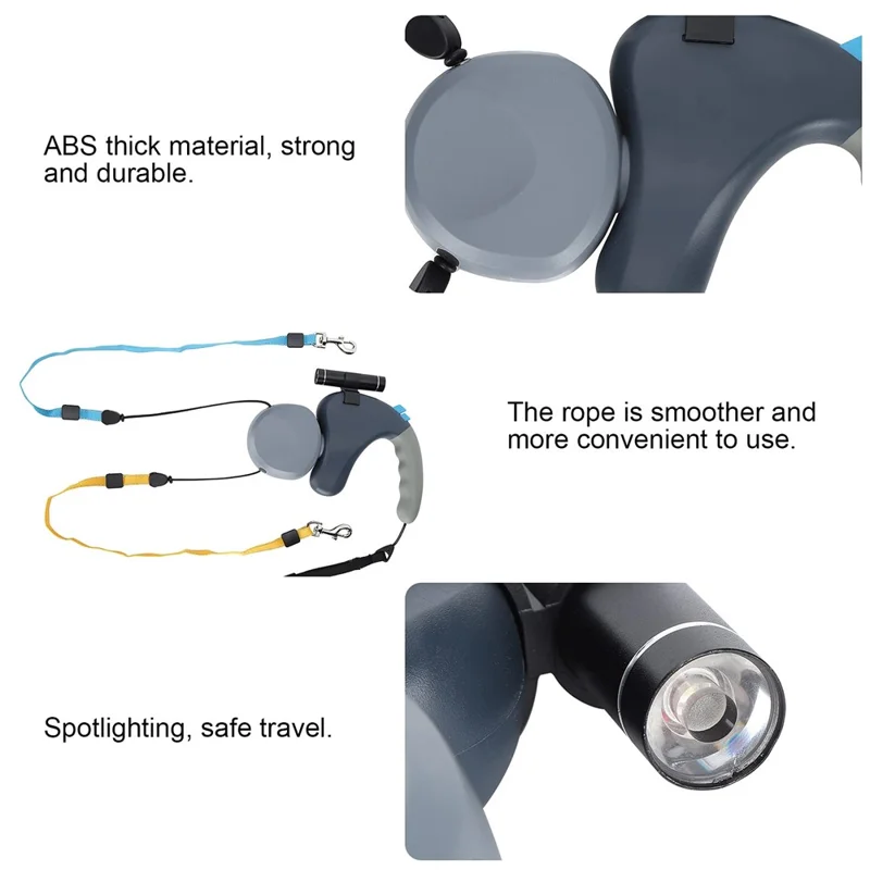 360 Degree Rotating Retractable Dog Leash Dual Head Walking Lead with LED Light for 2 Dogs - Grey