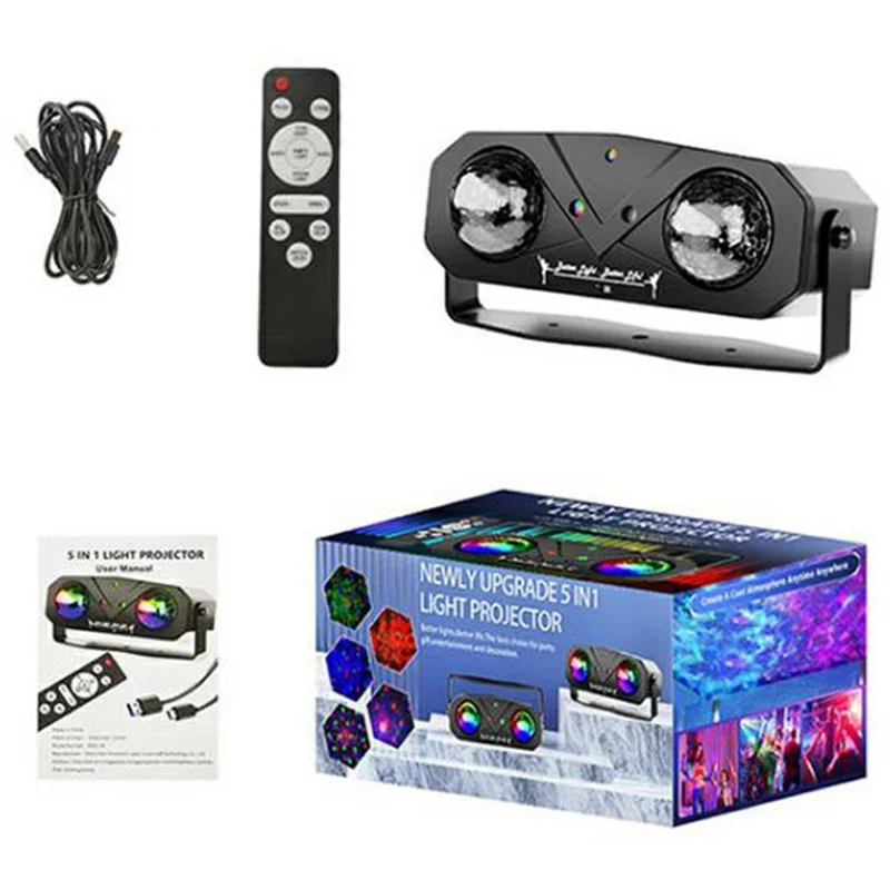 Luz de Festa LED de 12W com Efeito de Onda de Água, Bola de Discoteca Giratória com Controle Remoto, Projetor a Laser, com Cabo USB de 1,5m