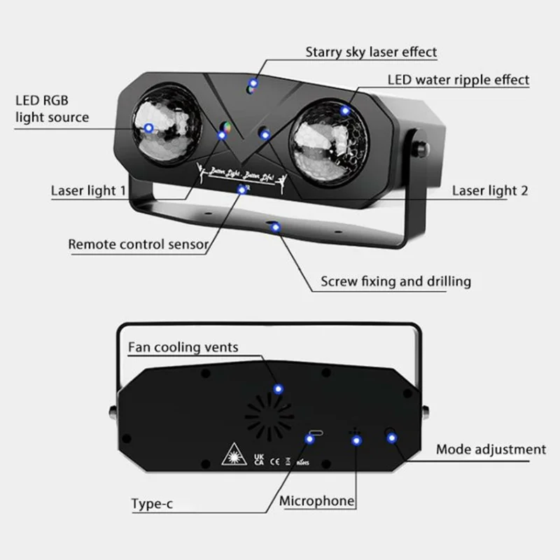 Luz de Festa LED de 12W com Efeito de Onda de Água, Bola de Discoteca Giratória com Controle Remoto, Projetor a Laser, com Cabo USB de 1,5m