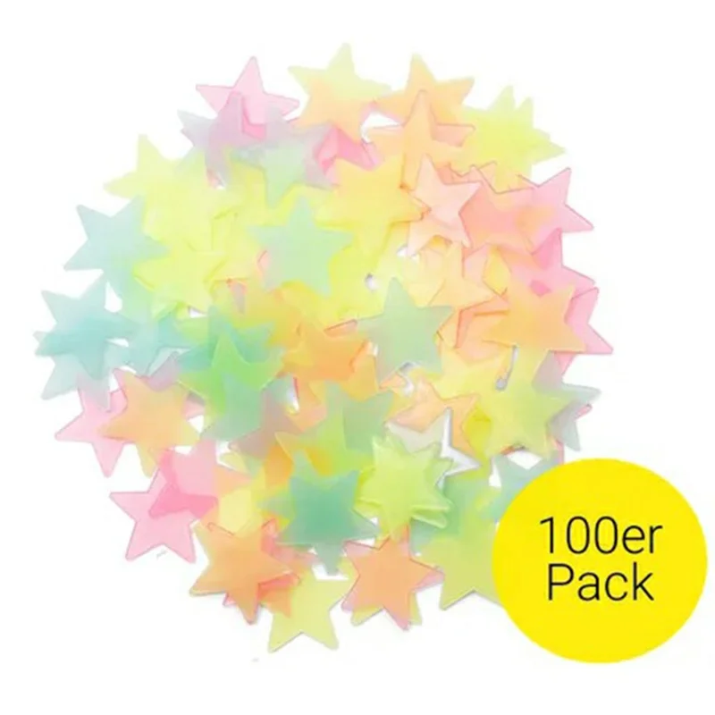 100Pcs 3cm 3D Plastic Stars Luminous Wall Decals Bedroom Party Classroom Self Adhesive Fluorescent Decor - Mix Color
