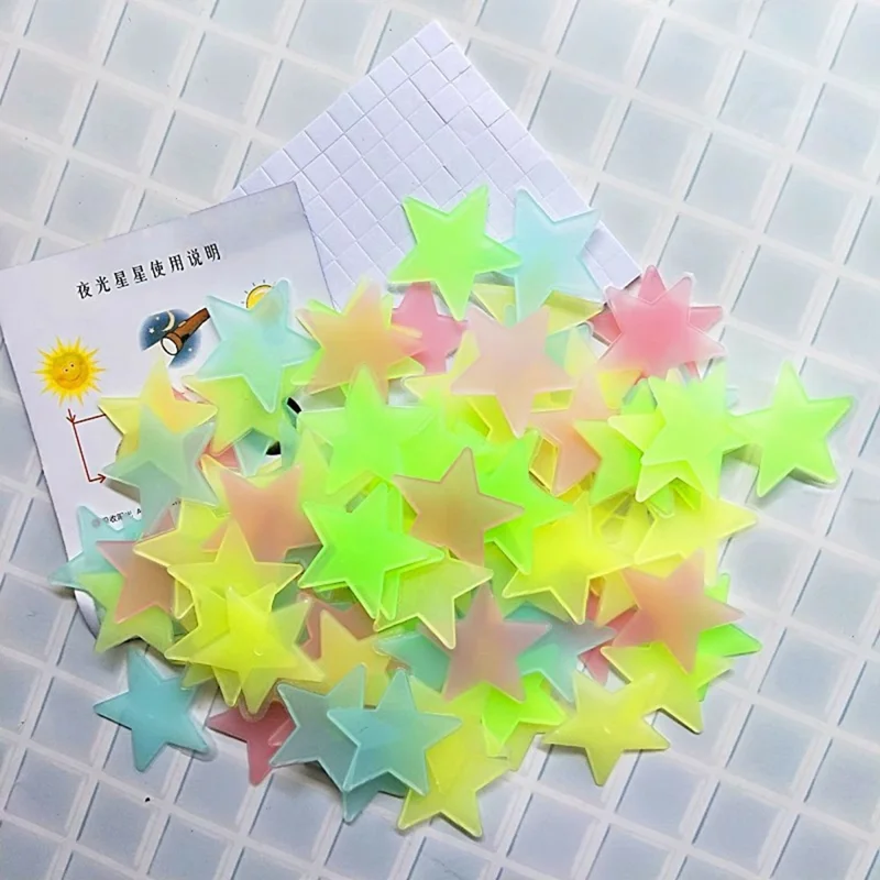 100Pcs 3cm 3D Plastic Stars Luminous Wall Decals Bedroom Party Classroom Self Adhesive Fluorescent Decor - Mix Color