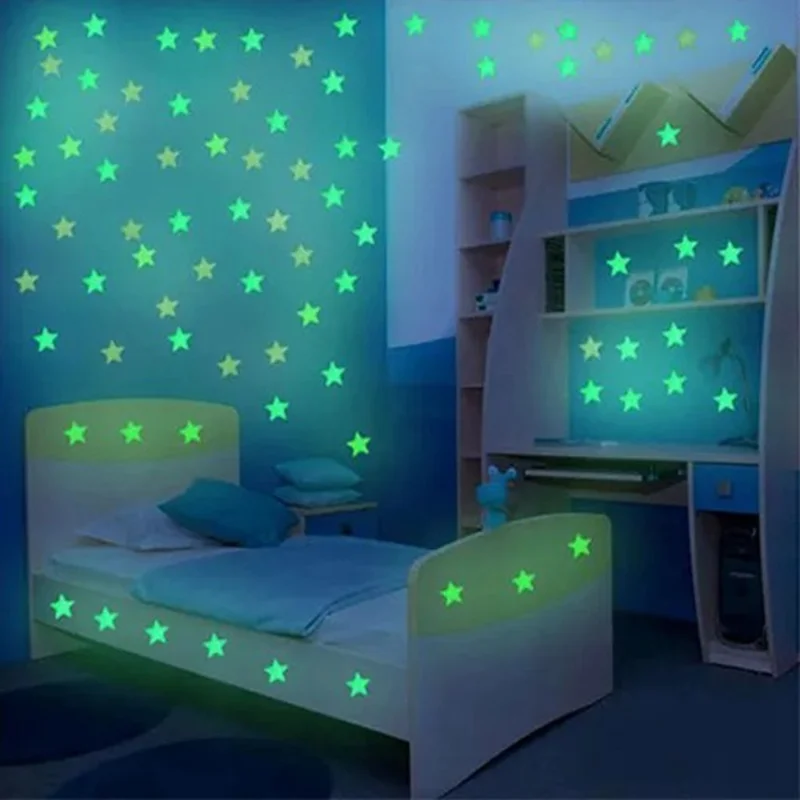 100Pcs 3cm 3D Plastic Stars Luminous Wall Decals Bedroom Party Classroom Self Adhesive Fluorescent Decor - Mix Color