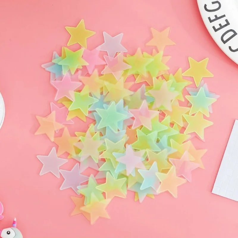 100Pcs 3cm 3D Plastic Stars Luminous Wall Decals Bedroom Party Classroom Self Adhesive Fluorescent Decor - Mix Color