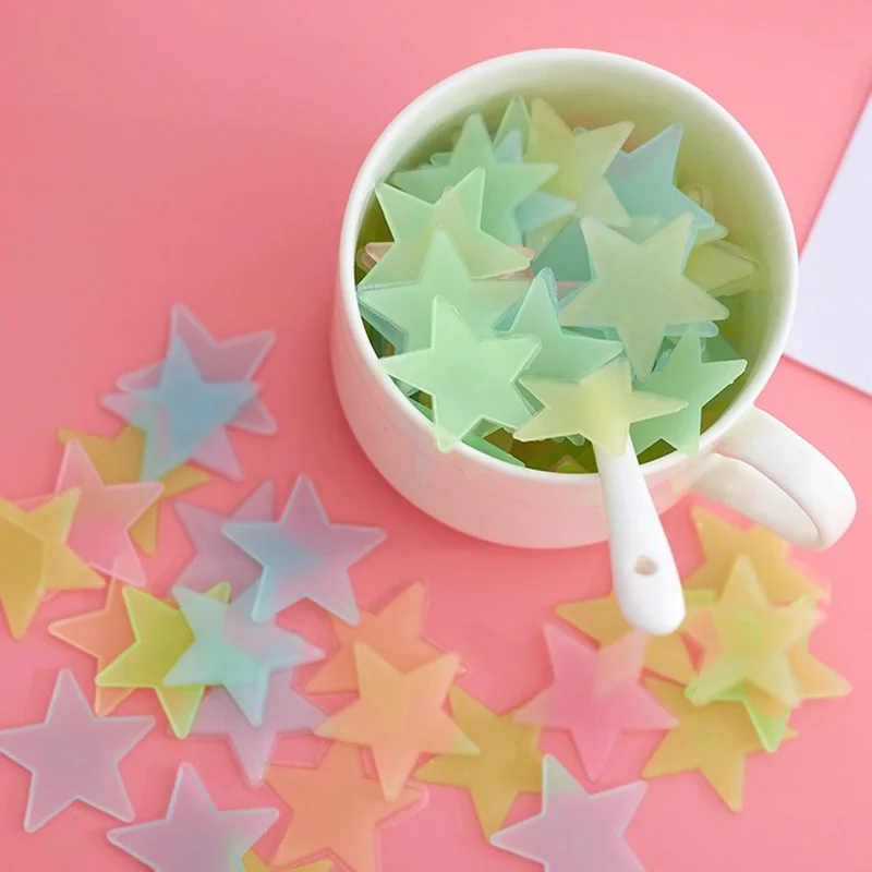 100Pcs 3cm 3D Plastic Stars Luminous Wall Decals Bedroom Party Classroom Self Adhesive Fluorescent Decor - Mix Color