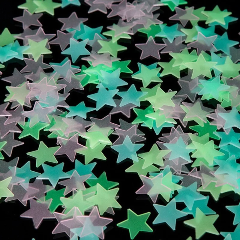 100Pcs 3cm 3D Plastic Stars Luminous Wall Decals Bedroom Party Classroom Self Adhesive Fluorescent Decor - Mix Color