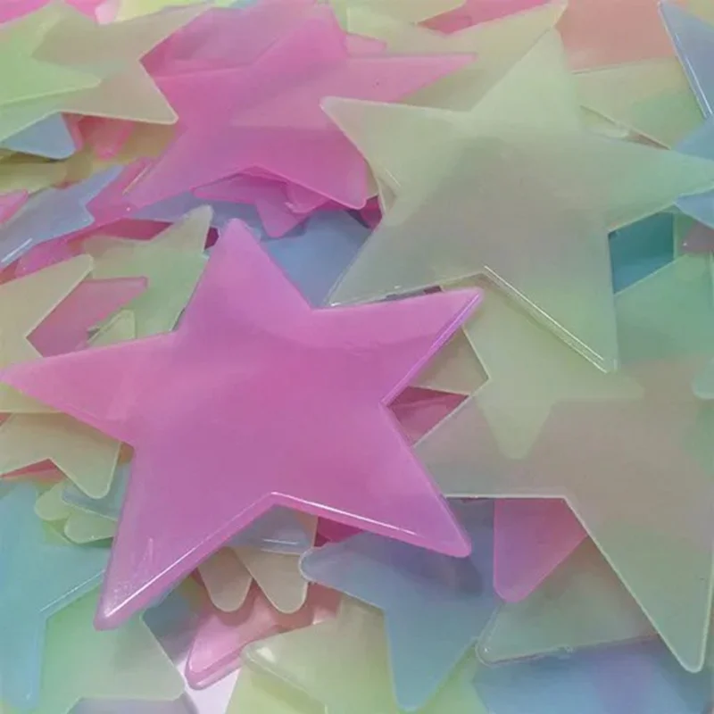 100Pcs 3cm 3D Plastic Stars Luminous Wall Decals Bedroom Party Classroom Self Adhesive Fluorescent Decor - Mix Color