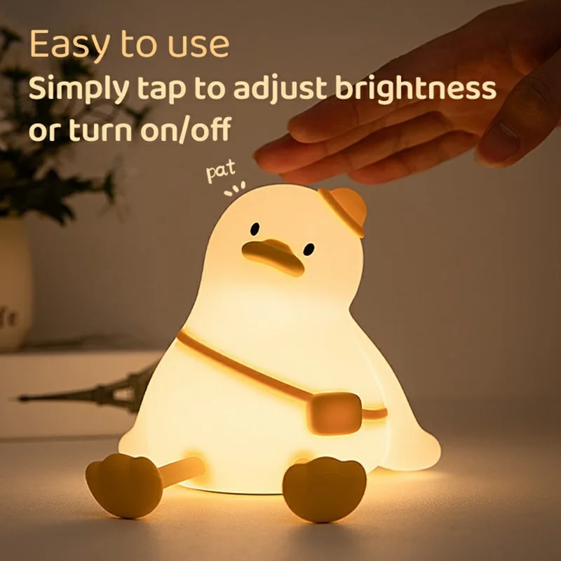 Cute Cartoon Duck Night Light Tap Control Silicone Bedside Lamp with Timer Desk Decor