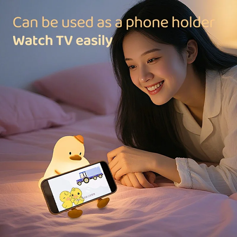 Cute Cartoon Duck Night Light Tap Control Silicone Bedside Lamp with Timer Desk Decor