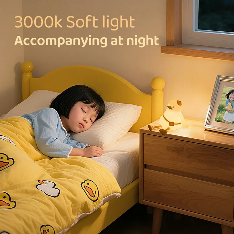 Cute Cartoon Duck Night Light Tap Control Silicone Bedside Lamp with Timer Desk Decor