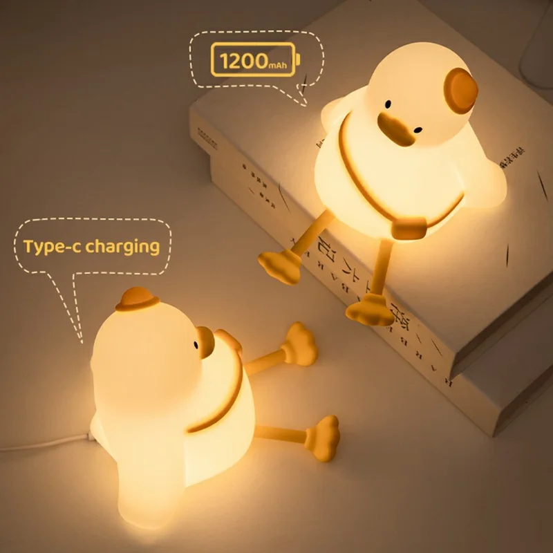 Cute Cartoon Duck Night Light Tap Control Silicone Bedside Lamp with Timer Desk Decor