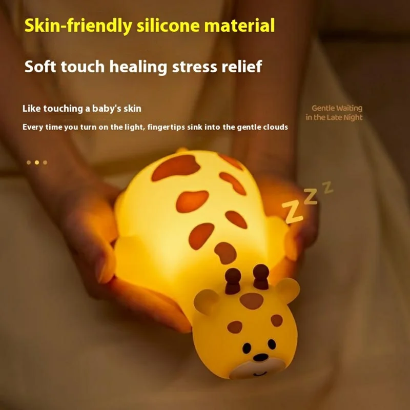Cute Cartoon Giraffe Night Light Tap Control Silicone Bedside Lamp with Timer Desk Decor