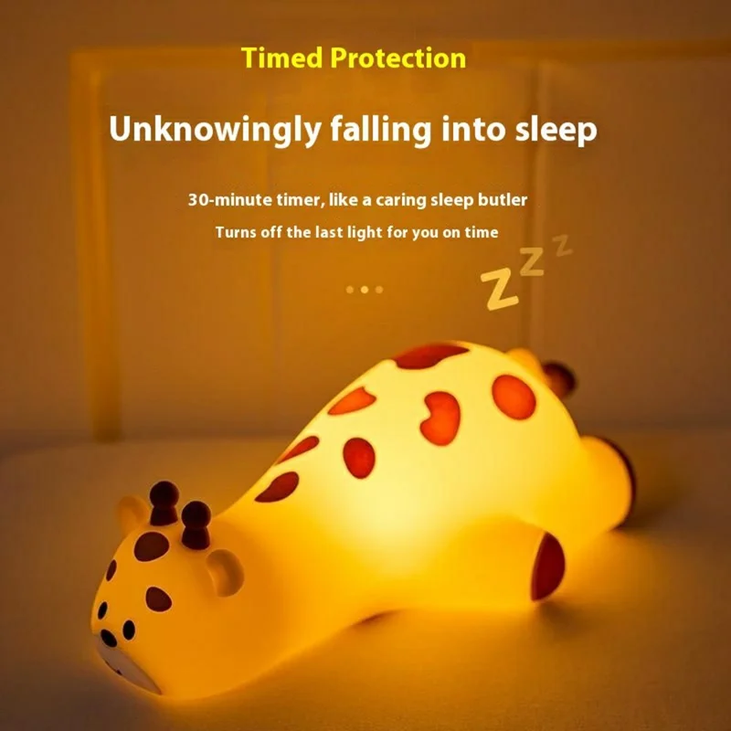 Cute Cartoon Giraffe Night Light Tap Control Silicone Bedside Lamp with Timer Desk Decor