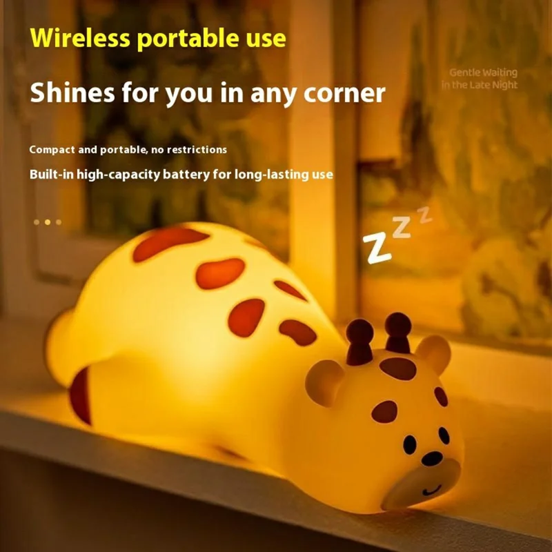 Cute Cartoon Giraffe Night Light Tap Control Silicone Bedside Lamp with Timer Desk Decor