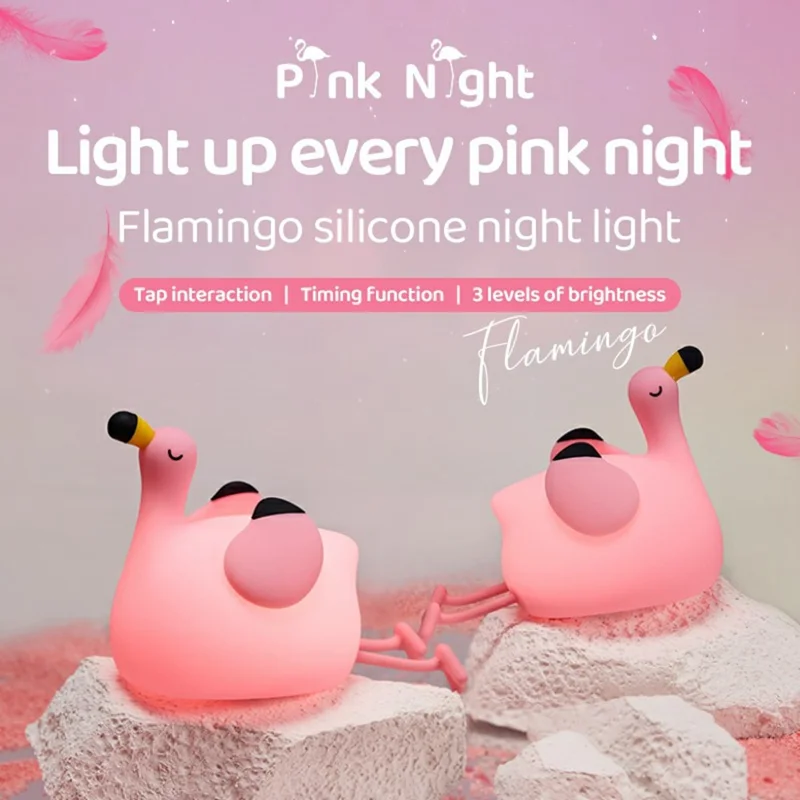 Pink Bird Night Light Tap Control Silicone Bedside Lamp with Timer Desk Decor Stress Relief Toy