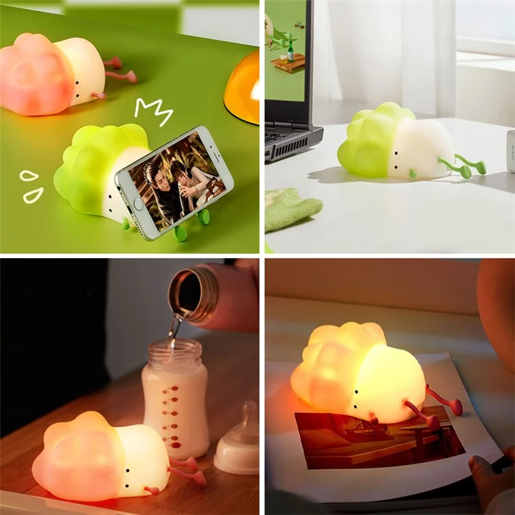 K-1110 Cute Cabbage Shape Night Light Soft Silicone Stress Relief Hand Toy LED Lamp with Phone Holder Stand and Timer Function - Verde
