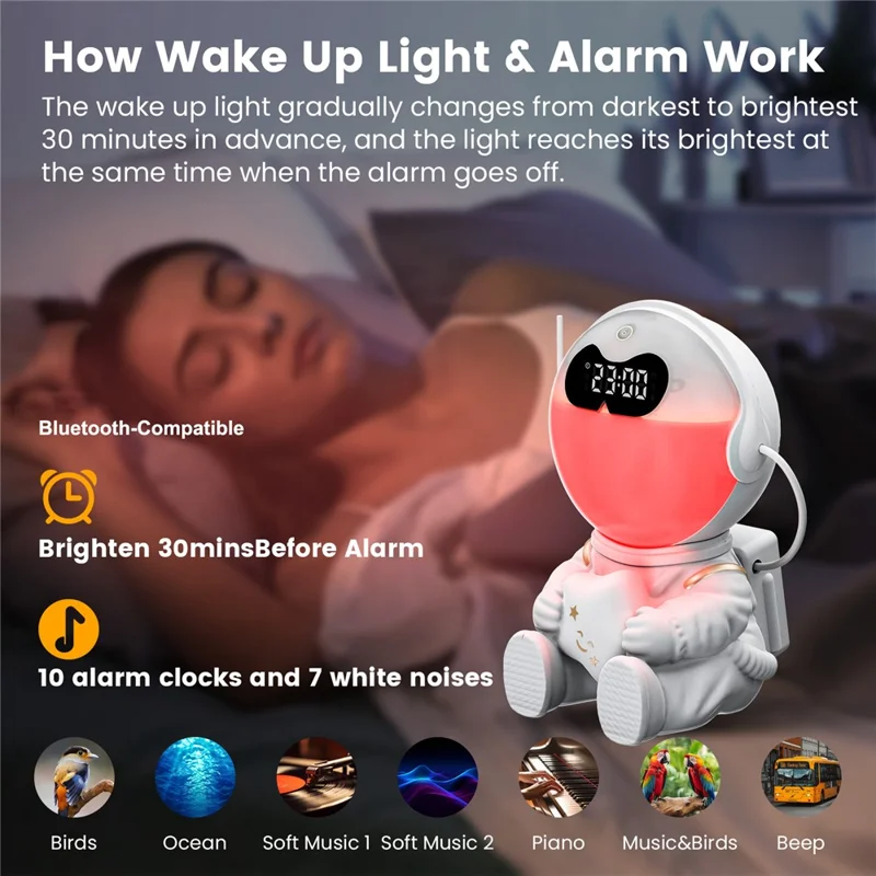 GR-22 Astronaut Holding Star RGB Color Changing Night Light Alarm Clock White Noise Machine Bluetooth-compatible Speaker