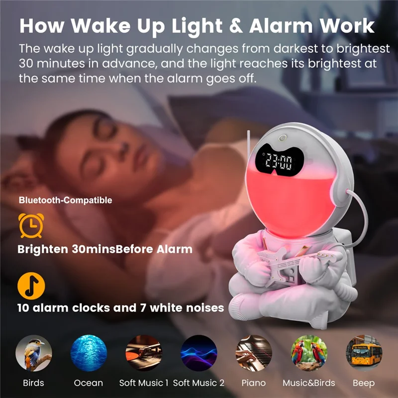 GR-21 Astronaut Holding Guitar RGB Color Changing Night Light Alarm Clock White Noise Machine Bluetooth-compatible Speaker