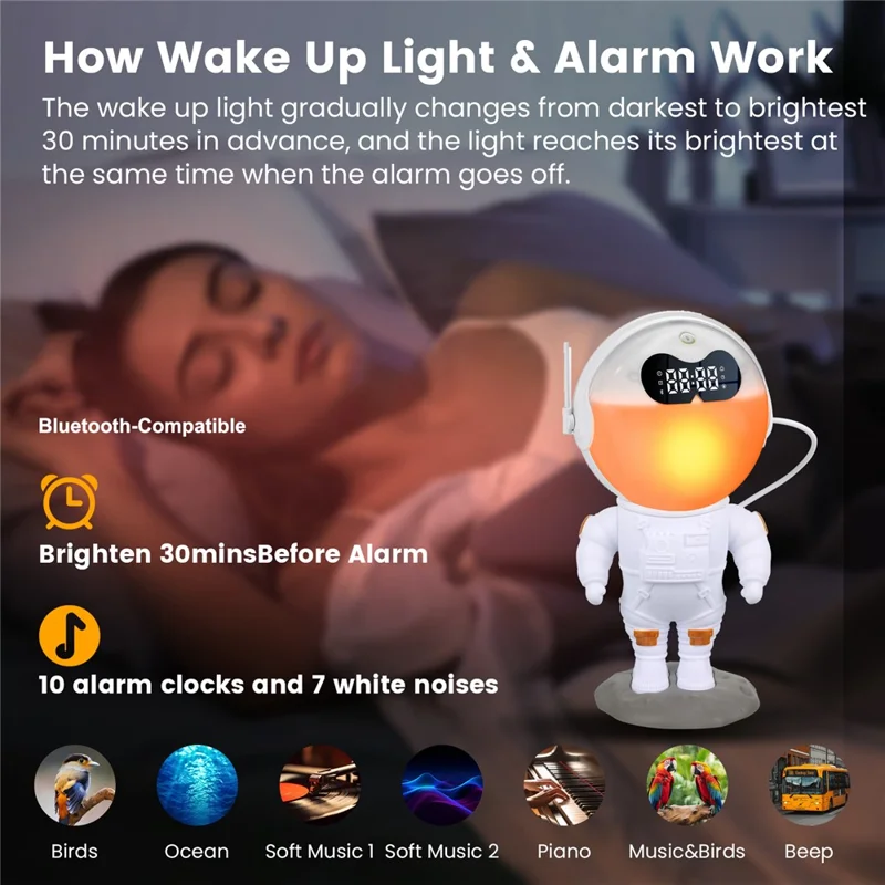 GR-20 Standing Astronaut RGB Color Changing Night Light Alarm Clock White Noise Machine Bluetooth-compatible Speaker