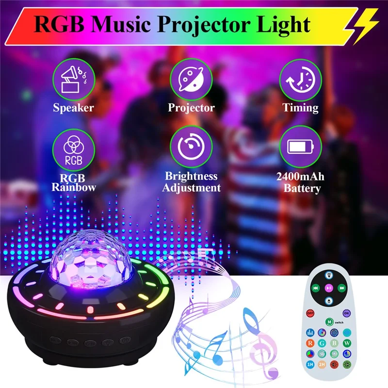 SSL001-C Proyector de cielo estrellado recargable por USB Altavoz compatible con Bluetooth Lámpara de ambiente RGB con mando a distancia - Negro