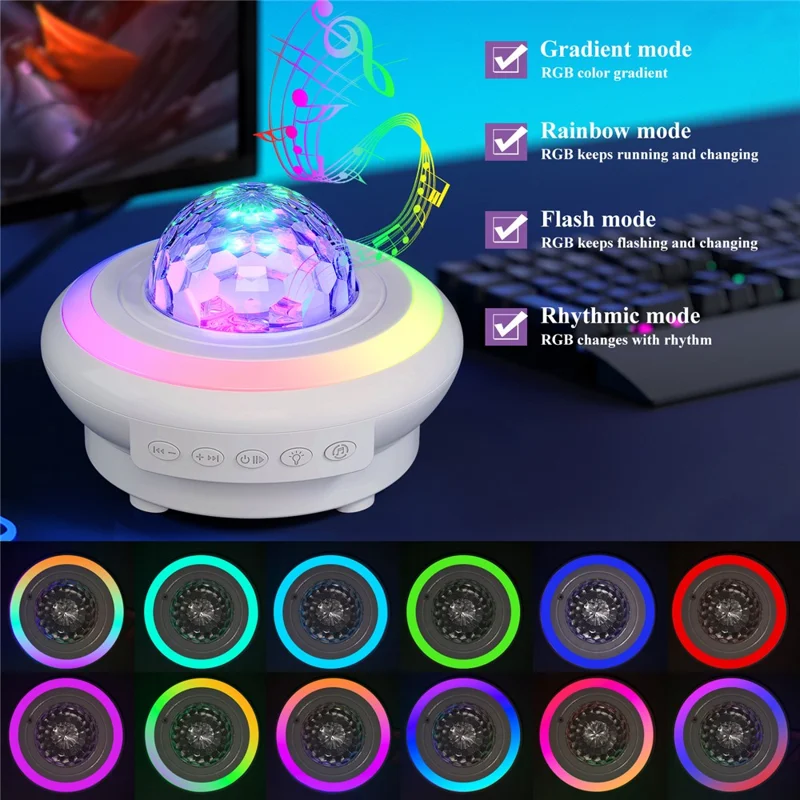 SSL002-C Proyector de Estrellas USB Recargable Luz Nocturna Lámpara de Ambiente RGB con Altavoz Bluetooth y Mando a Distancia - Blanco