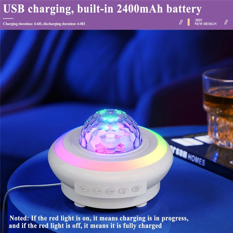 SSL002-C Proyector de Estrellas USB Recargable Luz Nocturna Lámpara de Ambiente RGB con Altavoz Bluetooth y Mando a Distancia - Blanco